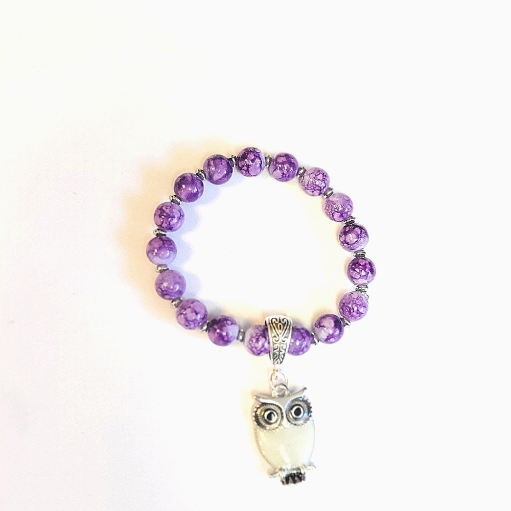 Snowflake Beaded Silver Owl Charm Purple 7 Inch Bracelet